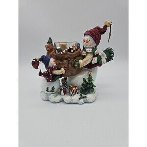 Vintage Christmas HOMCO Snowmen Votive Candle Holder Holding Gift Decorative